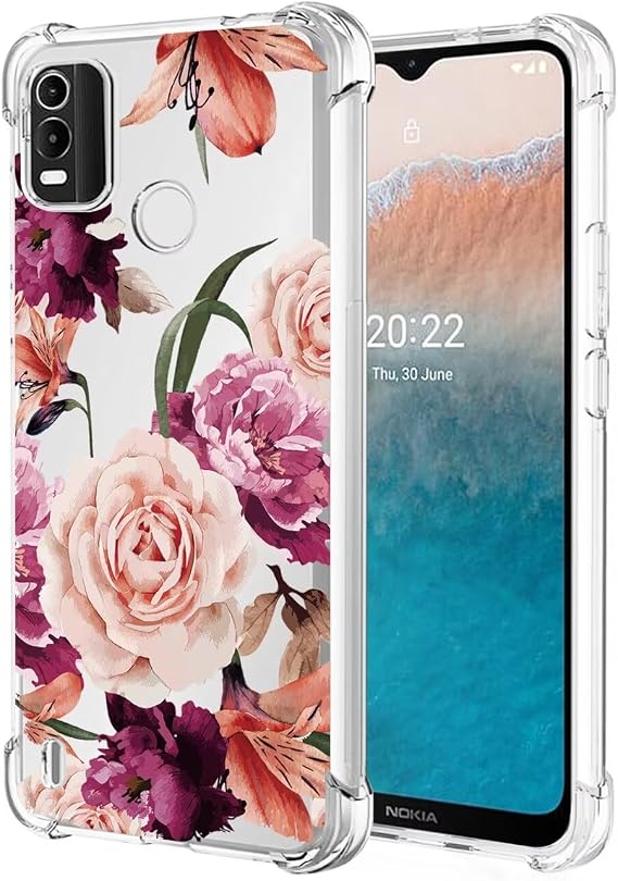 Case for Nokia C21 Plus Case, Nokia C21+ TA-1433 Case for Girls Women, Clear Floral Soft Flexible TPU Slim Phone Protective Case Cover for Nokia C21 Plus Purple Flower