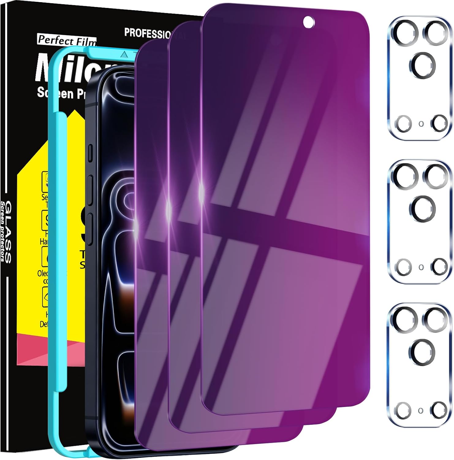 Milomdoi 3 Pack Gradient Colorful Privacy Screen Protector for iPhone 17 Pro [Anti-Blue Light Private Film], 3 Pacs Camera Lens Protector Accessories, Case Friendly, Anti-Spy Tempered Glass,Purple