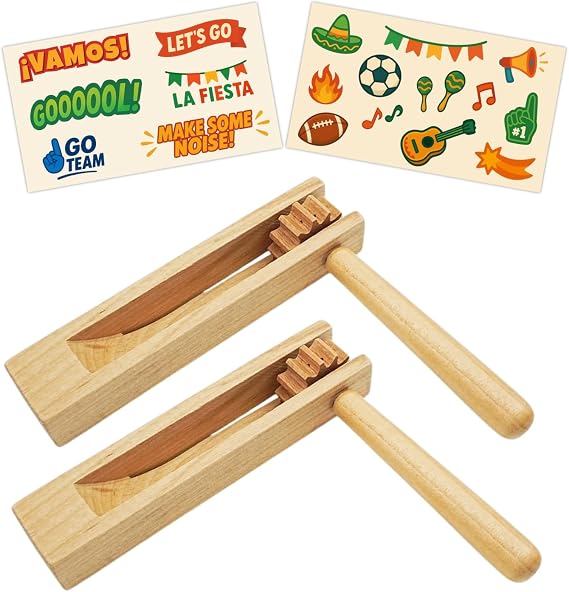 Wooden Matracas Mexicanas Loud Ratchet Noise Makers for Graduation, Football Games, Parties, and Fiesta Events Includes Bonus Mexican Stickers 5.4 x 5.7 in (2-Pack, 2, count)
