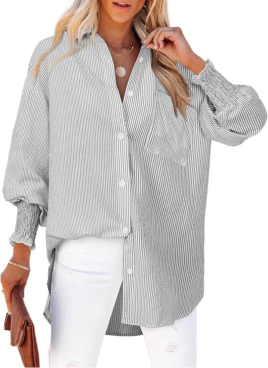 Womens Striped Oversized Button Down Shirts Long Sleeve Blouse Top