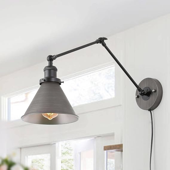 Wall Sconces Lighting, Plug in or Hardwired Adjustable Brushed Silver Black Swing Arm Wall Lamp for Bedroom, Living Room and Kitchen