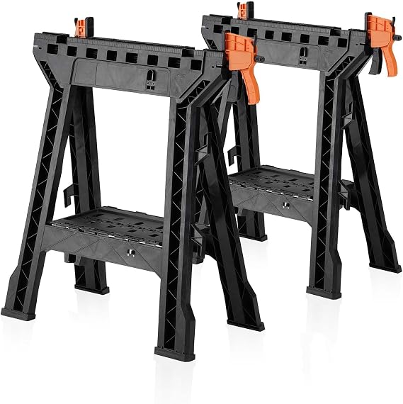 ZYJOYY Saw Horses 2 Pack-Folding Heavy Duty Clamping Sawhorse 1000 LBS Load Capacity, Workhorse with Bar Clamps, Built-in Tool Tray and Cord Hooks