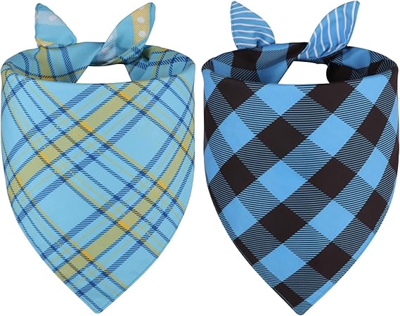 Dog Bandanas Boy Large 2PCS, Summer Blue Scarf, Durable Triangle Reversible Bibs Handkerchief for Puppy Pet