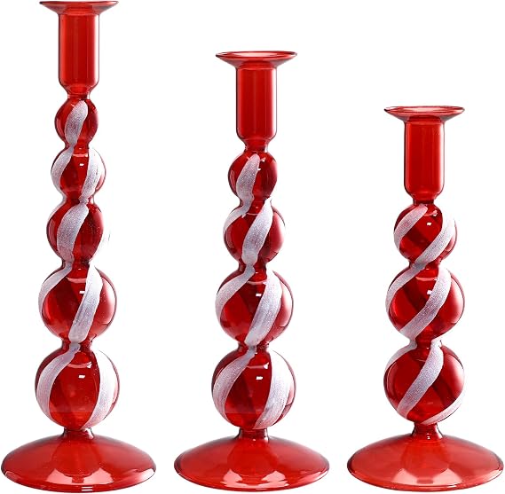 Mumufy 3 Pcs Red White Glass Candlestick Holders Christmas Ball Glass Decor