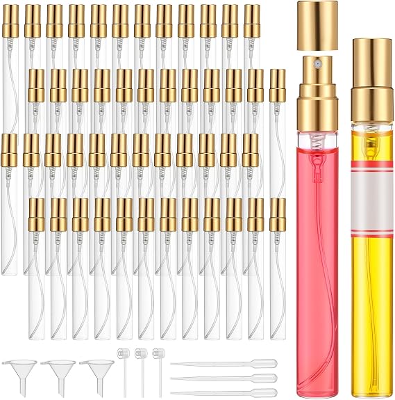 MAGICLULU 50 Pack 10ml Gold Cap Glass Atomizer, Leakproof Refillable Travel Spray Bottles with Funnel Dropper Label Stickers for Airplane DIY Samples