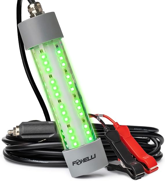 Foxelli Underwater Fishing Light, 3900LM DC12V 30W Green LED IP68 Waterproof Submersible Light for Night Angling with 33ft Cable & Battery Clamps, Crappie & Squid Attractant