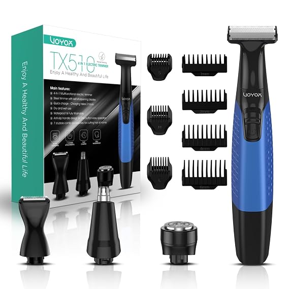 VOYOR Beard Trimmer for Men,All-in-1 Electric Razor, Wet/Dry, TX510 (Blue) | Full Body Grooming, Face & Body Hair Trimmer, Adjustable Length Combs, Cordless Shaving, Rechargeable Men's Grooming Kit