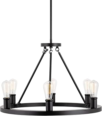 Kira Home Homestead 25 6-Light Large Industrial Rustic Farmhouse Wagon Wheel Chandelier, Round Kitchen Island Light, Matte Black Finish