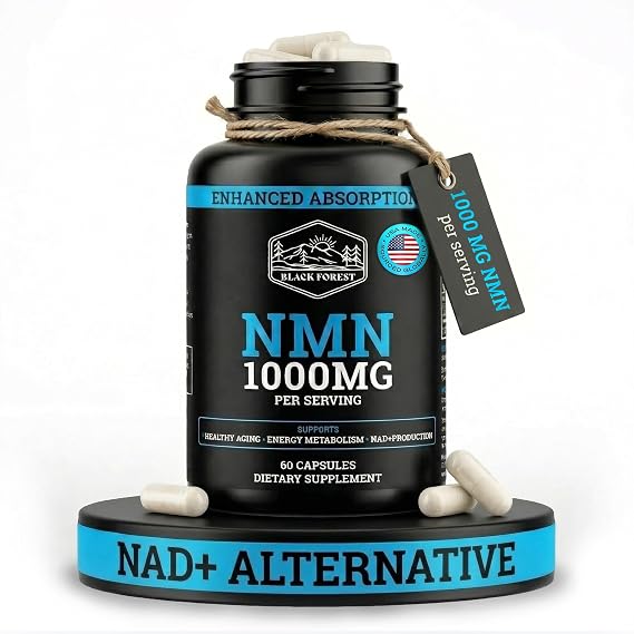 Black Forest NMN Supplements 1000mg (Nicotinamide Mononucleotide) 99% Pure, Stabilized Form, BioPerine for Enhanced Bioavailability (60 Capsules) (NMN 1000mg per Serving) NAD Supplement for NAD