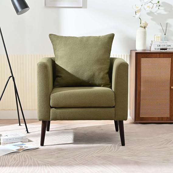Modern Accent Chair, Olive Green Fleece Upholstered Armchair, Mid Century Lounge Chairs, Comfortable Reading Chairs with Wood Legs for Living Room, Bedroom, Reception Room (Olive Green)