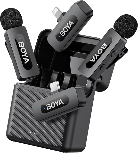 BOYA BY-V3 Combo Wireless Lavalier Microphone for iPhone, Android, iPad, with USB-C/Lightning, Mini Wireless Lavalier Microphone, Noise Cancellation, 36H Power for Video Recording, Streaming