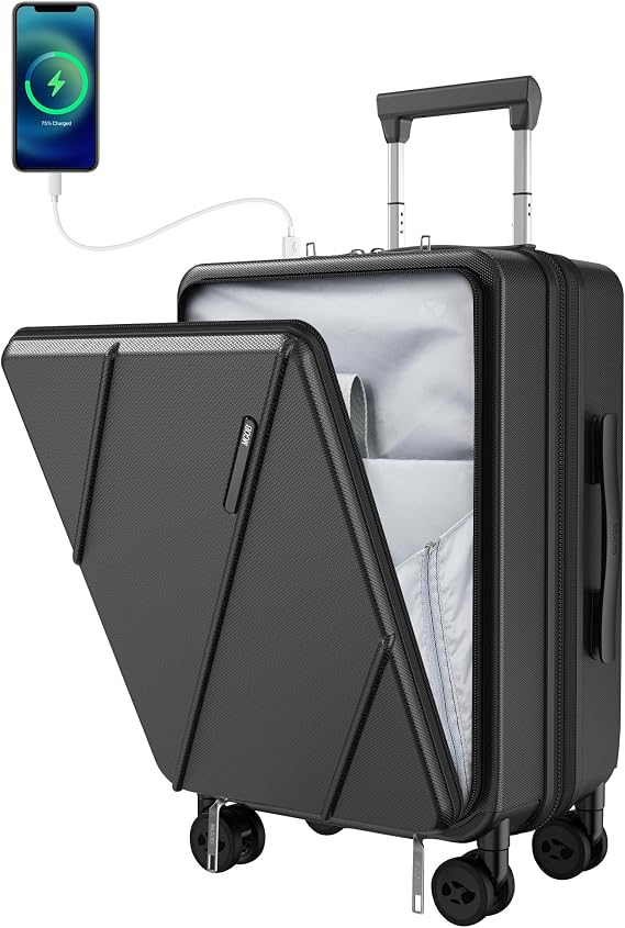 Carry On Luggage 22x14x9 Airline Approved, Durable Polycarbonate, Front Pocket, USB Port, Expandable, Spinner Wheels, TSA Lock(Black-G4, Carry-On 20-Inch)