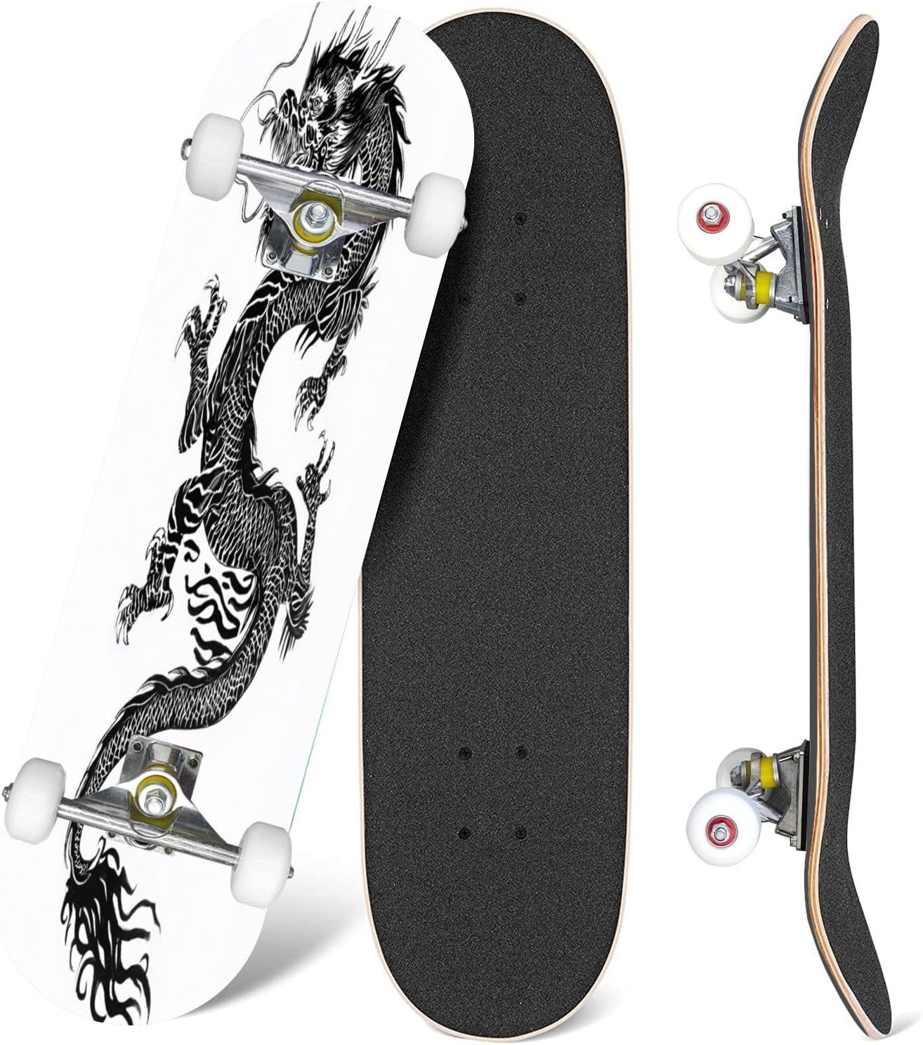 Skateboards Hand Drawn Dragon Tattoo Coloring Book Japanese Style Japanese Old 7 Layer Maple Wood Deck 31 x 8 Double Kick Concave Complete Tricks Skateboard for Beginners Teens Kids Adults