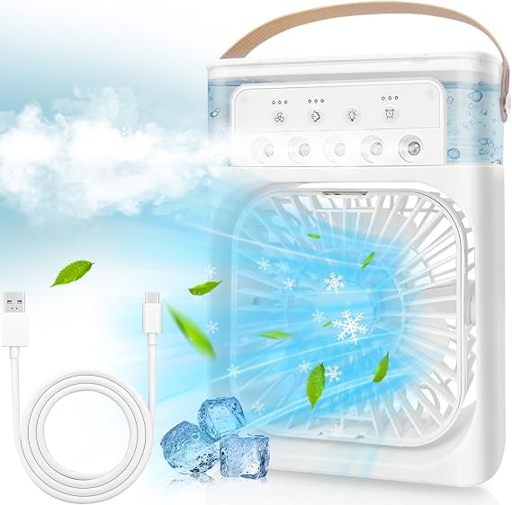 Portable Air Conditioners,Portable AC Unit 3in1 Mini Air Conditioner Portable for Room,600ML Evaporative Air Cooler with 3 Cool Mist,3 Wind Speed,7 LED Lights,1-3H Timer AC Portable for Bedroom,Room