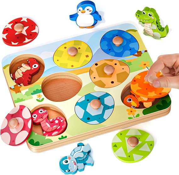 EDUJOY Wooden Puzzles for Toddlers 1-3, Baby Puzzle 12-18 Months, Montessori Toys for 1 Year Old Boys Girls Christmas Birthday Gifts, Animal Peg Puzzles for Toddlers 2-4, Preschool Learning Activities