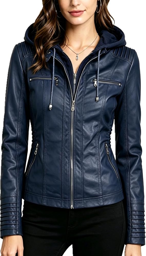 Faux Leather Jacket for Women Biker Jacket with Hood Womens Motorcycle Jacket
