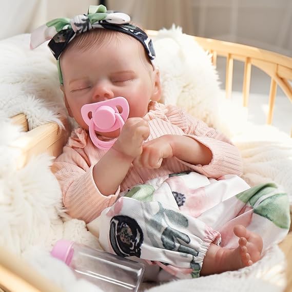 DAYOFFKIDS18Inch Sleeping Reborn Baby Doll, Realistic Newborn Baby Doll with Vinyl Body, Handmade Lifelike Washable Body Features, for Kids Ages 3+ (TwinAPink)