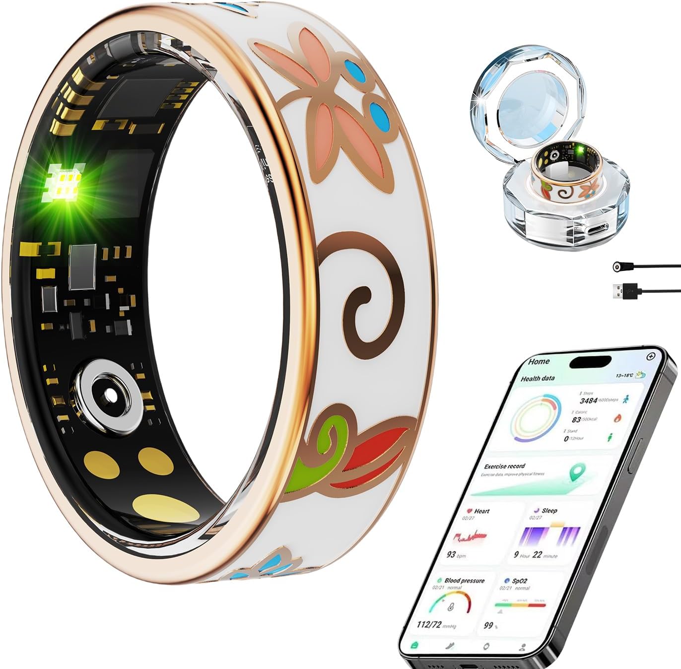 Smart Ring for Women,Fitness Tracker with Heart Rate,Blood Oxygen,Blood Pressure,Sleep Monitoring,Step Counting,IP68 Waterproof for iPhone and Android,No Subscription Fee Enamel Rose Gold, 7#
