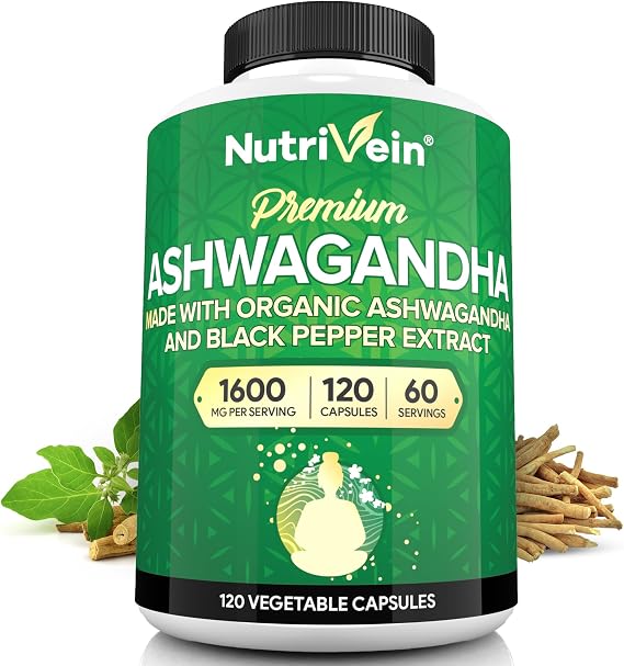 Nutrivein Ashwagandha for Men & Women - 1600mg - Enhanced with Black Pepper - High-Absorption Root Powder Ashwagandha Supplements for Mood Balance, Restful Sleep, Focus - 120 Vegan Capsules