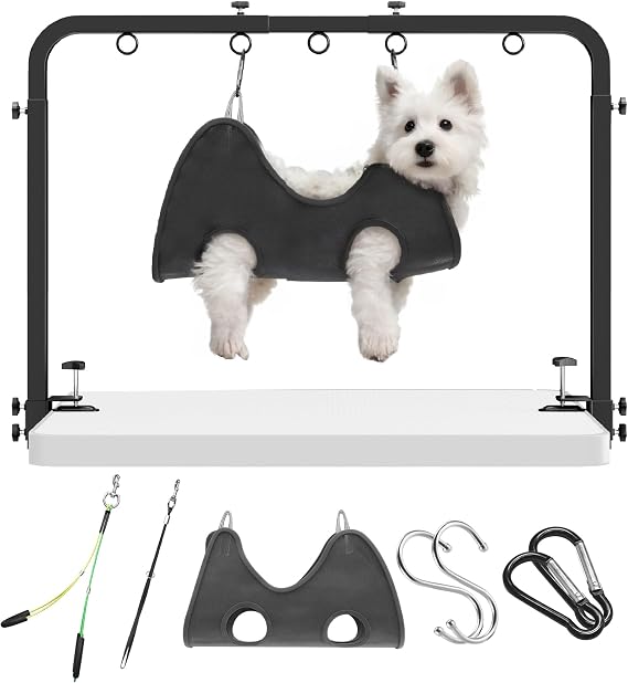 Dog Grooming Arm for Table, 42" H, 27-39" W with Hammock & 2 No-Sit Loops