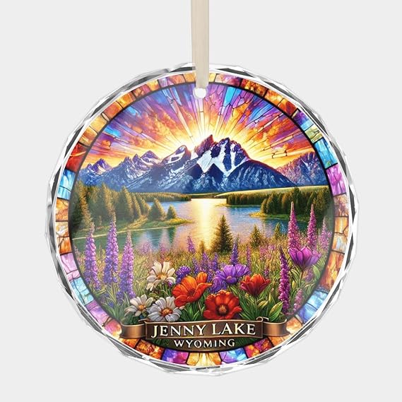 Jenny Lake Wyoming Grand Teton National Park Travel Souvenir Crystal Glass Christmas Ornament, 3 Flat Round Beveled-Edge Disc (0.23 Thick) with Printed Image, Xmas Gift Ornaments
