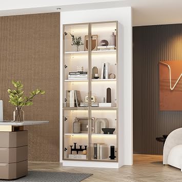 FUFU&GAGA Display Cabinet with Glass Doors and LED Light, 78.7 Tall Bookshelf Glass Storage Cabinet with 5-Tier Shelf, Modern Bookcase for Living Room Office, White and Gold 31.5W x 14.2D x 78.7H