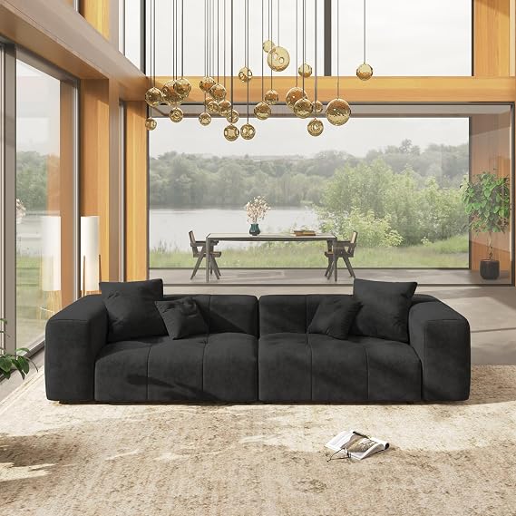 Modern Sectional Sofa, 104 Inch Loveseat Cloud Couch with Deep Seat - Linen Upholstered Modular Couch with Pillow for Small Spaces,Black