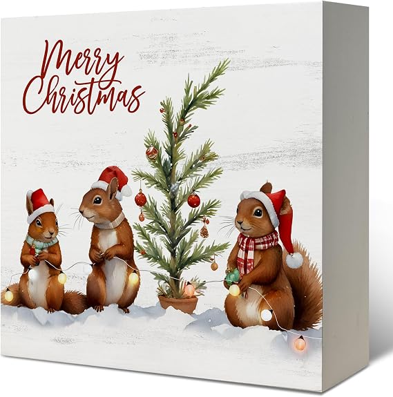 Cute Squirrel Christmas Wooden Box Sign, Squirrel Decor,Merry Christmas Wood Signs for Home Office Desk Shelf Table Decor, 5x5 Inch