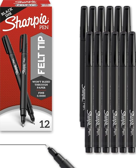 Sharpie Felt Tip Pens, Fine Point (0.4mm), Felt Tip Markers, Black, 12 Count - Journaling, Art, Drawing, Teacher, Back to School