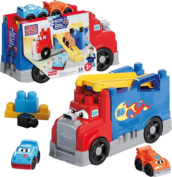 MEGA BLOKS First Builders Build & Race Rig Toddler Blocks Toy | 19 Pieces, 2 Race Cars, Built-In Storage, Red, Preschool Kids Ages 1+ Years, Easy to Build, JFR29