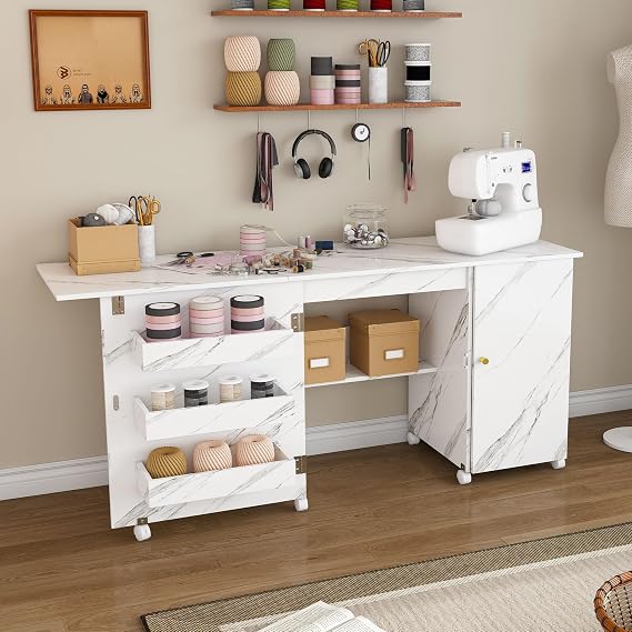 Weehom 57.5 Foldable Sewing Machine Table with Locking Casters, Shelves, Bins & Cabinet, Adjustable Sewing Table with Storage for Home, Bedroom, and Craft RoomWhite