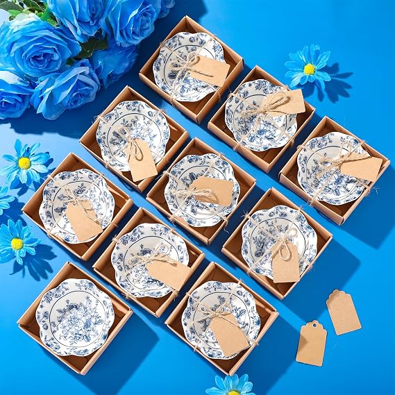 SiliFine 12 Pcs Wedding Favors Bulk Ceramic Bowls Set,Flower,Blue