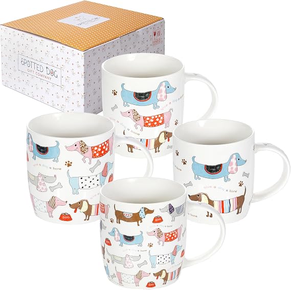 SPOTTED DOG GIFT COMPANY Dachshund Mug, Dog Mugs for Dog Lovers, Set of 4 Animal Themed Ceramic Coffee Tea Cups, Microwave & Dishwasher Safe, Cute Kitchen Wiener Gifts for Women - 12oz