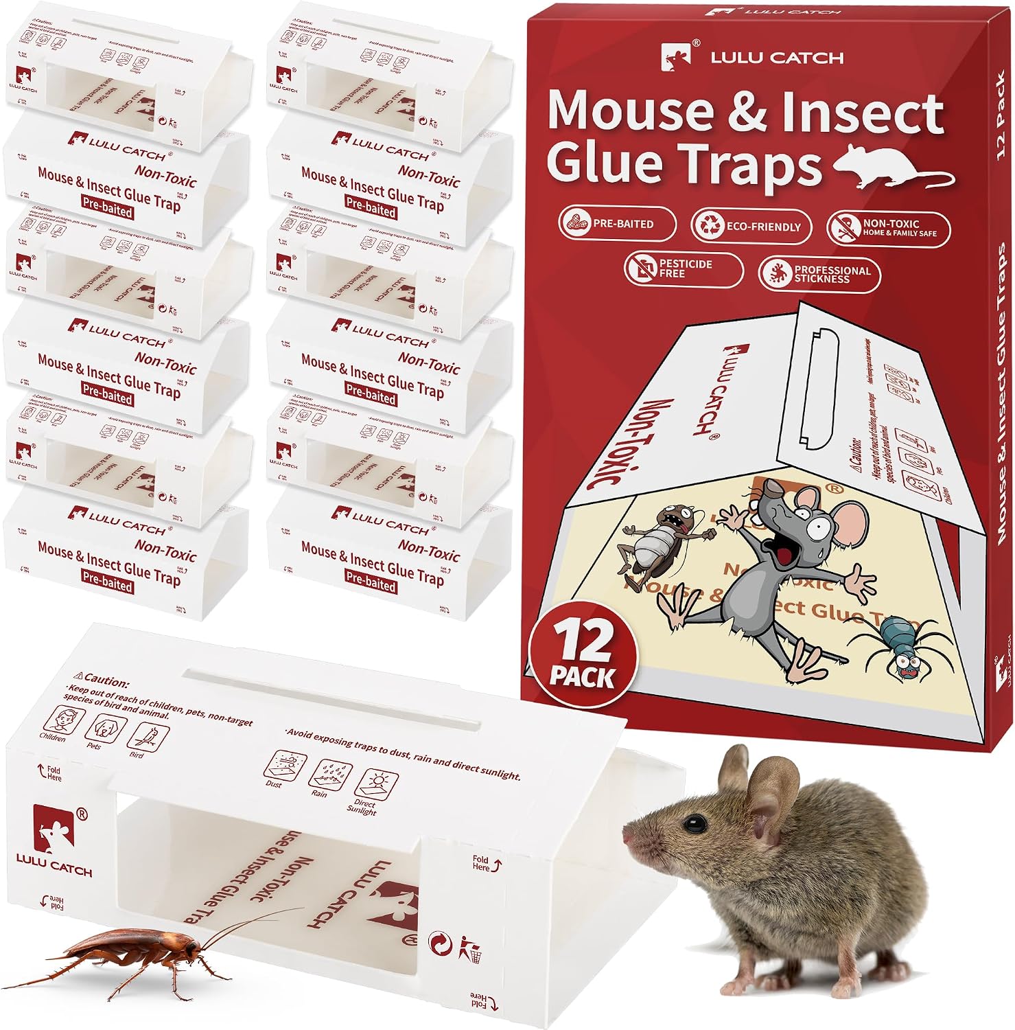 LULUCATCH Sticky Mouse Traps, 12 Pack Pre-baited Glue Traps, Foldable Bulk Non-Toxic Indoor Mouse Glue Boards for Insects, Cockroach, Lizard, Spider, Pet Child Safe & Easy to Use Pest Control