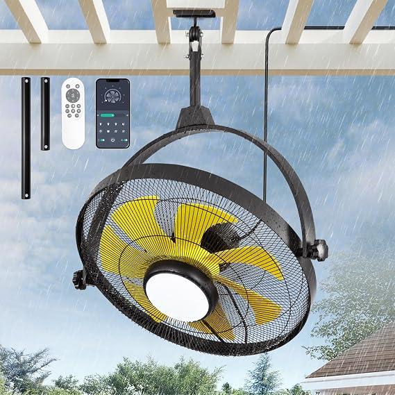 LEDIARY 27" Waterproof Outdoor Ceiling Fans with Light for Patios | IP65 Waterproof,No Assembling,APP Control, 3CCT Dimmable,6-Speeds,Plug-in Design, Caged Fan for Gazebo, Porch