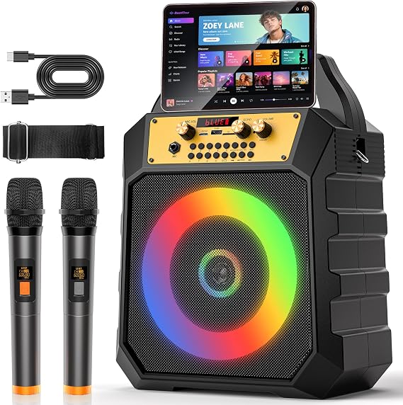 JM Portable Karaoke Machine 2-Way Coaxial Driver Speaker with 2 Mics-Black