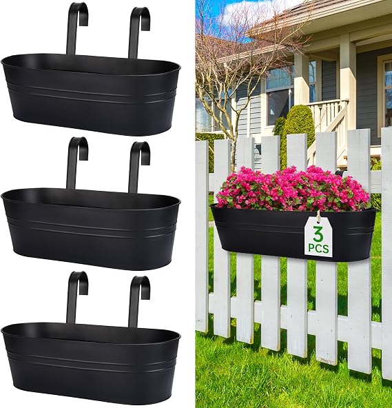 OGIMA Railing Planter Box, 3 Pack 40cm Large Hanging Planters for Outdoor Plants with Detachable Wide Hooks for 7cm Railings, Balcony Planters Railing Hanging for Deck, Fence & Patio Decor | balcony planters with Detachable Wide Hooks fit 2.7" Railings, For Deck, Fence & Patio Decor