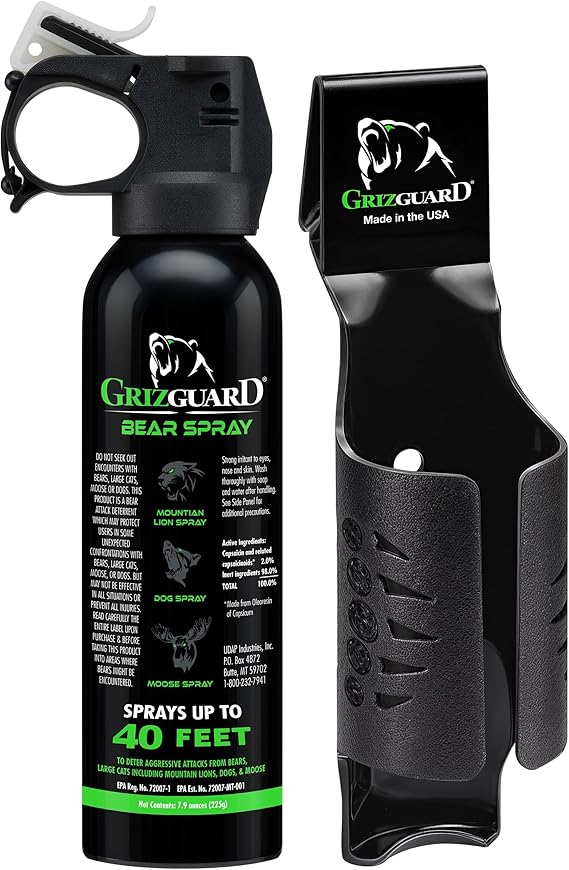 Griz Guard Bear Spray with Holster -Maximum Strength 7.9 oz, 40-Foot Range, EPA-Registered Bear Deterrent Repels Bears, Mountain Lions, Coyotes & Moose, Glow Safety Clip, Hiking & Camping Protection