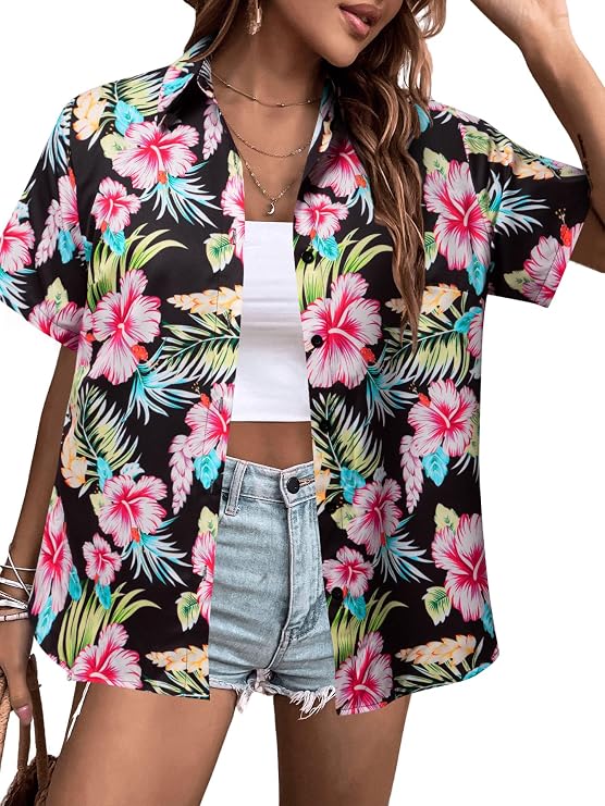 Hawaiian Shirts for Women Hawaii Outfit Summer Tropical Print Tops Shirt