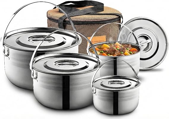 Wealers Camping Cookware Set - Compact Stainless Steel Campfire Cooking Pots and Pans | Combo Kit with Travel Tote Bag | Rugged Outdoor Cook Set for Hiking | Barbecues | Beach