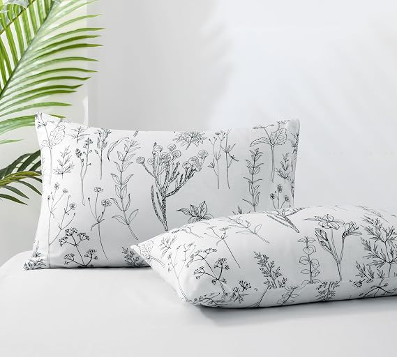 King Size Pillow Cases Set of 2, 20x36, Black and White | Envelope Closure, Plant Patterns, Microfiber, Soft Breathable and Non Shrinking