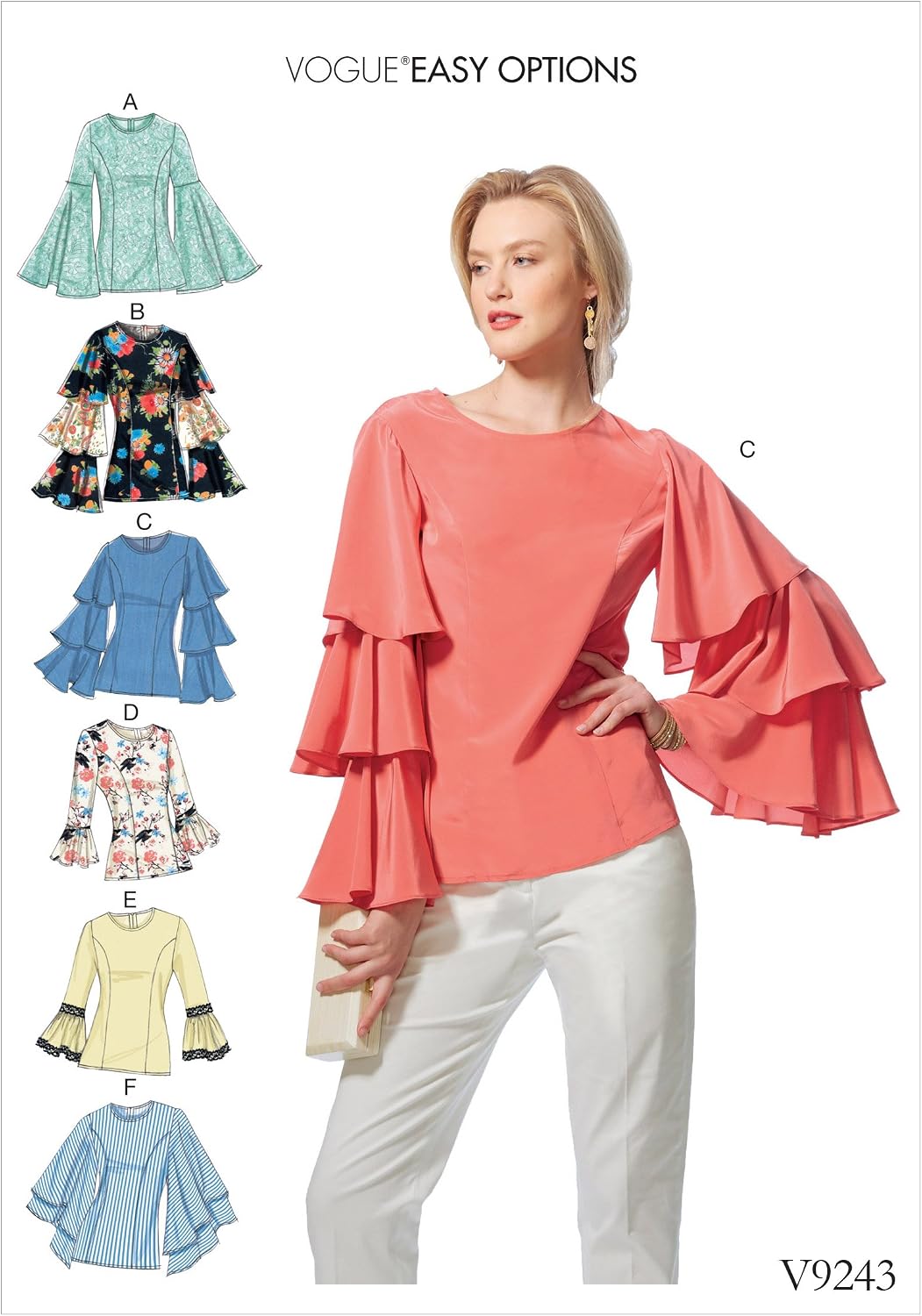 Vogue Patterns Misses Princess Seam Tops with Flared Sleeve Variations Sewing Pattern, 14-16-18-20-22, Green