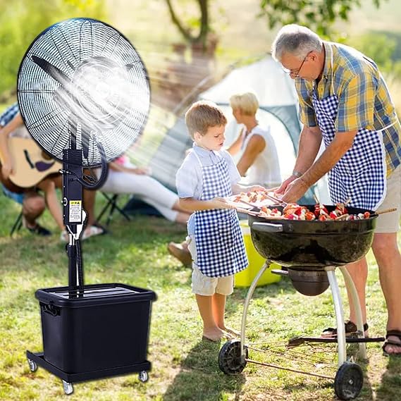 Oscillating Misting Fan, Industrial Pedestal Fan with Mister, 90 Oscillating Standing Fans with 3 Wind Modes, Adjustable Height Cooling Floor Fan