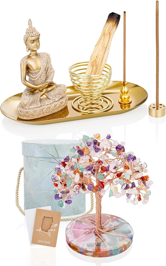 ZenBless 7 Chakra Healing Crystals Stones Tree, Colorful Crystal Stone Leaf Wire Wrapped on Natural Agate Slice Base, 6 in 1 Incense Holder - Palo Santo, Buddha Statue, Sage & Incense Burner Holder