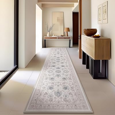 Phantoscope Washable Runner Rug 2x10 Non-Slip, Vintage Neutral Hallway Rugs for Entryway, Stair, Bedroom, Distressed Boho Floral Medallion Pattern, Low-Pile Foldable Carpet, Cream BeigeNeutral