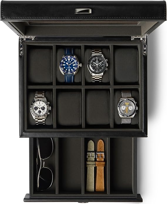 TAWBURY Watch Box for Men - 8 Slot Watch Case with Storage Drawer, Real Glass Display and Extra Wide Pillows for Large Watches (Black/Charcoal)