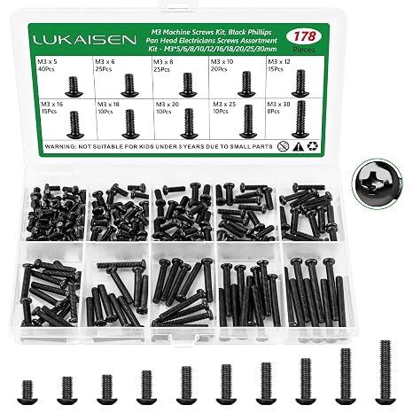 M3 Machine Screws, 178PCS Carbon Steel Cross Pan Head Bolts Kit