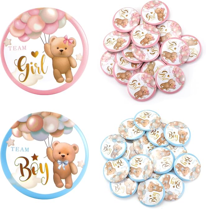 30 Pcs Gender Reveal Pins, 1.5 Inch Team Boy Girl, Cute Bear Design