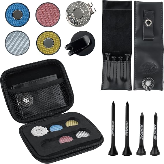 SANDIAN [Full Set], Golf Hat Clips and Ball Markers, Made of Carbon Fiber T800, Full Set with Genuine Black Leather Pouch for Belt Clip, Strong Magnetic Hat Clips, with Storage Case