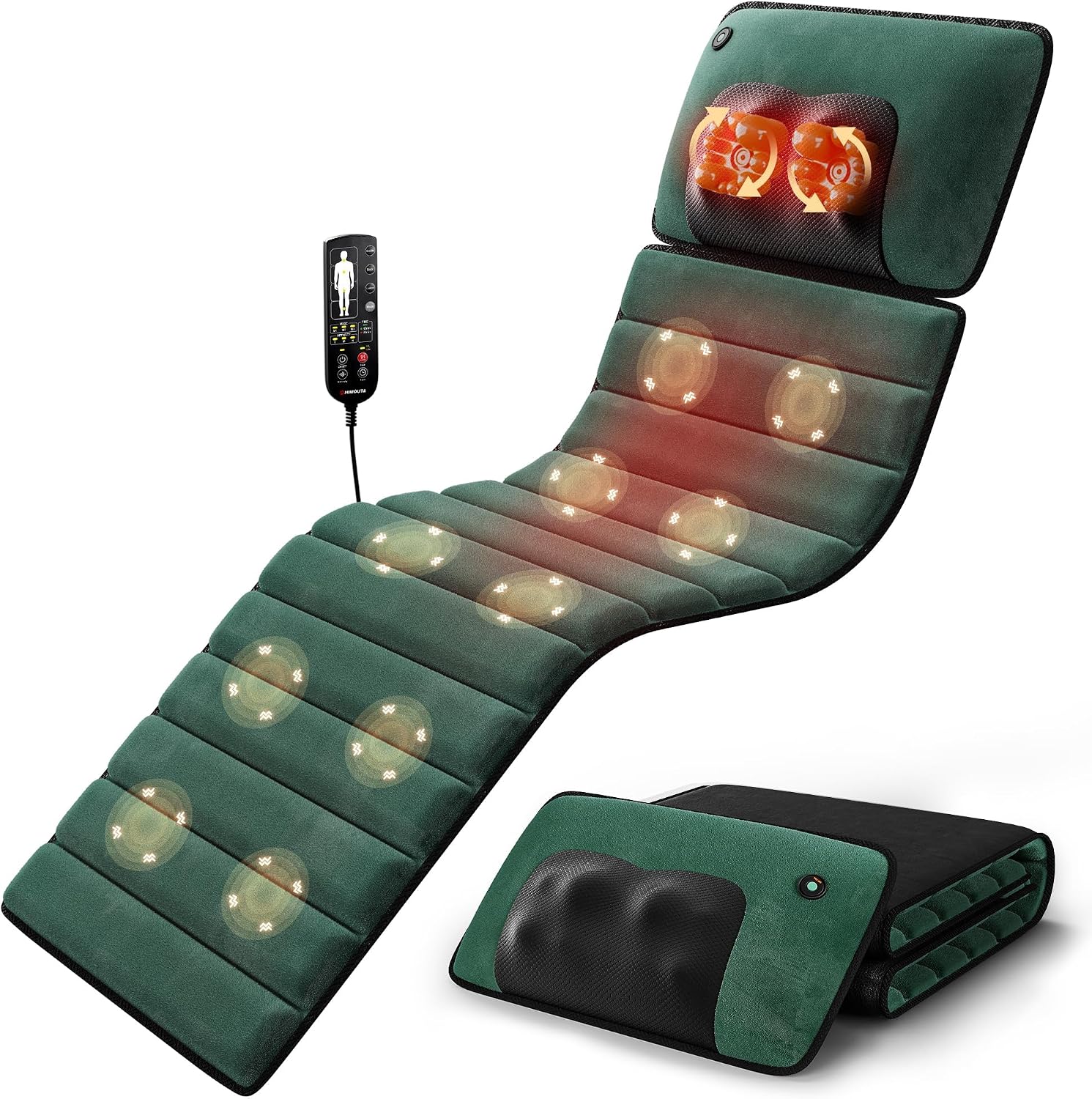 Soft Full Body Massage Mat with Heat, Massage Pad with Detachable Neck Massager, 10 Motors Vibrating Mattress for Relaxation, Foldable Design for Home Office Use (Green)